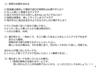 １）発想のお題を決める
〇 勉強量は維持して趣味や遊びの時間を20%増やすには︖
〇 もっと楽しく勉強するアイデア
〇 夜スマホをだらだら⾒てしまわないようにするには︖
〇 面倒な家事を、楽しくやってしまうアイデア
〇 毎月手元に残るお⾦を今よりももう少しだけ増やすには︖
トランプは良く切って伏せて積んでおく。
ジャンケンをして勝った人から番は時計回り。
一人の人の番は、45秒。
２）番が来たら、一枚めくり、そこに書いてあることをヒントにアイデアを出す
言えたら獲得。
時間が許す限り何枚でもチャレンジしてよい。
難しいものの場合は、それを場に並べ、次のカードを引いて良い。何度でも。
ほかの人が場に出したカードも、
ヒントとして使ってアイデアを出してよい（＝獲得できる）。
３）最も多くカードを持っていた人の勝ち。
（（発想の瞬発⼒を鍛えるゲームです。
思い浮かんだことが未成熟でもいいから、とっさに口にしてみましょう。））
98
 