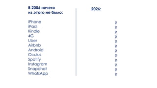 2006 ߧڧ֧ԧ
ڧ ԧ ߧ ҧݧ:
iPhone
iPad
Kindle
4G
Uber
Airbnb
Android
Oculus
Spotify
Instagram
Snapchat
WhatsApp
2026:
?
?
?
?
?
?
?
?
?
?
?
?
 