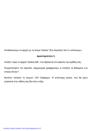 Αποθηκεύουµε το αρχείο µε το όνοµα “kostos” (Στα Αγγλικά). Και το «κλείνουµε».
∆ραστηριότητα 3.
Ανοίξτε τώρα το αρχείο “kostos.stat”, που βρίσκεται στο φάκελο της οµάδας σας.
Ενεργοποιήστε την καρτέλα: «∆ηµιουργία γραφήµατος» κι επιλέξτε τα δεδοµένα των
στηλών Β και Γ.
Κατόπιν πατήστε το κουµπί: «ΧΥ Γράφηµα». Η αντίστοιχη εικόνα, που θα έχετε
µπροστά στην οθόνη σας θα είναι η εξής:
Επιμέλεια: Χρήστος Χαρμπής http://xristx.blogspot.gr σελ.37
 