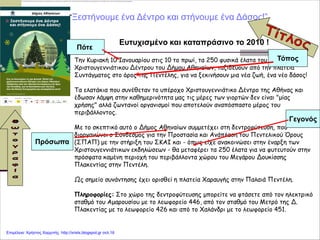Για να συμβάλει στην προστασία του απορρήτου σας, το PowerPoint απέτρεψε την αυτόματη λήψη αυτής της εξωτερικής εικόνας. Για να κάνετε λήψη και να εμφανίσετε αυτή την εικόνα, κάντε κλικ στο στοιχείο "Επιλογές" στη γραμμή μηνυμάτων και, στη συνέχεια, κάντε κλικ στην επιλογή "Ενεργοποίηση εξωτερικού περιεχομένου".
Ευτυχισμένο και καταπράσινο το 2010 !
Tην Κυριακή 10 Ιανουαρίου στις 10 το πρωί, τα 250 φυσικά έλατα του
Χριστουγεννιάτικου Δέντρου του Δήμου Αθηναίων, ταξιδεύουν από την πλατεία
Συντάγματος στο όρος της Πεντέλης, για να ξεκινήσουν μια νέα ζωή, ένα νέο δάσος!
Τα ελατάκια που συνέθεταν το υπέροχο Χριστουγεννιάτικο Δέντρο της Αθήνας και
έδωσαν λάμψη στην καθημερινότητα μας τις μέρες των γιορτών δεν είναι "μίας
χρήσης" αλλά ζωντανοί οργανισμοί που αποτελούν αναπόσπαστο μέρος του
περιβάλλοντος.
Με το σκεπτικό αυτό ο Δήμος Αθηναίων συμμετέχει στη δεντροφύτευση, που
διοργανώνει ο Σύνδεσμος για την Προστασία και Ανάπλαση του Πεντελικού Όρους
(ΣΠΑΠ) με την στήριξη του ΣΚΑΙ και - όπως είχε ανακοινώσει στην έναρξη των
Χριστουγεννιάτικων εκδηλώσεων - θα μεταφέρει τα 250 έλατα για να φυτευτούν στην
πρόσφατα καμένη περιοχή του περιβάλλοντα χώρου του Μεγάρου Δουκίσσης
Πλακεντίας στην Πεντέλη.
Ως σημείο συνάντησης έχει ορισθεί η πλατεία Χαραυγής στην Παλαιά Πεντέλη.
Πληροφορίες: Στο χώρο της δεντροφύτευσης μπορείτε να φτάσετε από τον ηλεκτρικό
σταθμό του Αμαρουσίου με το λεωφορείο 446, από τον σταθμό του Μετρό της Δ.
Πλακεντίας με το λεωφορείο 426 και από το Χαλάνδρι με το λεωφορείο 451.
“Ξεστήνουμε ένα Δέντρο και στήνουμε ένα Δάσος!”
Πότε
Τόπος
Γεγονός
Πρόσωπα
Επιμέλεια: Χρήστος Χαρμπής http://xristx.blogspot.gr σελ.16
 