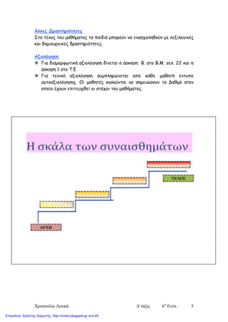 Χριστούλα Λουκά Δ΄τάξη 6η
Ενότ. 5
Άλλες Δραστηριότητες
Στο τέλος του μαθήματος τα παιδιά μπορούν να ενασχοληθούν με λεξιλογικές
και δημιουργικές δραστηριότητες.
Αξιολόγηση
 Για διαμορφωτική αξιολόγηση δίνεται η άσκηση Β. στο Β.Μ. σελ. 22 και η
άσκηση 1 στο Τ.Ε
 Για τελική αξιολόγηση συμπληρώνεται από κάθε μαθητή έντυπο
αυτοαξιολόγησης. Οι μαθητές καλούνται να σημειώσουν το βαθμό στον
οποίο έχουν επιτευχθεί οι στόχοι του μαθήματος.
Επιμέλεια: Χρήστος Χαρμπής http://xristx.blogspot.gr σελ.45
 