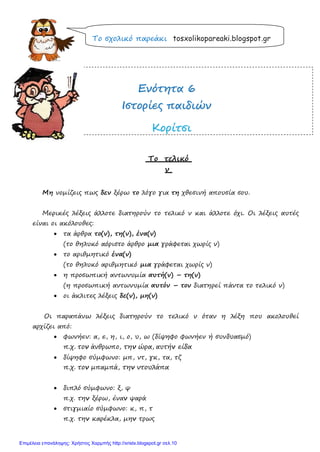 Το σχολικό παρεάκι tosxolikopareaki.blogspot.gr
ΕΕννόόττηητταα 66
ΙΙσσττοορρίίεεςς ππααιιδδιιώώνν
ΚΚοορρίίττσσιι
Το τελικό
ν
Μη νομίζεις πως δεν ξέρω το λόγο για τη χθεσινή απουσία σου.
Μερικές λέξεις άλλοτε διατηρούν το τελικό ν και άλλοτε όχι. Οι λέξεις αυτές
είναι οι ακόλουθες:
• τα άρθρα το(ν), τη(ν), ένα(ν)
(το θηλυκό αόριστο άρθρο μια γράφεται χωρίς ν)
• το αριθμητικό ένα(ν)
(το θηλυκό αριθμητικό μια γράφεται χωρίς ν)
• η προσωπική αντωνυμία αυτή(ν) – τη(ν)
(η προσωπική αντωνυμία αυτόν – τον διατηρεί πάντα το τελικό ν)
• οι άκλιτες λέξεις δε(ν), μη(ν)
Οι παραπάνω λέξεις διατηρούν το τελικό ν όταν η λέξη που ακολουθεί
αρχίζει από:
• φωνήεν: α, ε, η, ι, ο, υ, ω (δίψηφο φωνήεν ή συνδυασμό)
π.χ. τον άνθρωπο, την ώρα, αυτήν είδα
• δίψηφο σύμφωνο: μπ, ντ, γκ, τα, τζ
π.χ. τον μπαμπά, την ντουλάπα
• διπλό σύμφωνο: ξ, ψ
π.χ. την ξέρω, έναν ψαρά
• στιγμιαίο σύμφωνο: κ, π, τ
π.χ. την καρέκλα, μην τρως
Επιμέλεια επανάληψης: Χρήστος Χαρμπής http://xristx.blogspot.gr σελ.10
 
