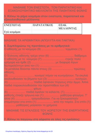 Xristx.blogspot.gr Χρήστος Χαρμπής
ΜΑΘΑΜΕ ΤΟΝ ΕΝΕΣΤΩΤΑ, ΤΟΝ ΠΑΡΑΤΑΤΙΚΟ ΚΑΙ
ΕΞΑΚΟΛΟΥΘΗΤΙΚΟ ΜΕΛΛΟΝΤΑ ΤΗΣ ΠΑΘΗΤΙΚΗΣ ΦΩΝΗΣ
5. Κλίνω το ρήµα κοιµάµαι στον ενεστώτα, παρατατικό και
εξακολουθητικό µέλλοντα:
ΕΝΕΣΤΩΤΑΣ ΠΑΡΑΤΑΤΙΚΟΣ ΕΞΑΚ.
ΜΕΛΛΟΝΤΑΣ
Εγώ κοιµάµαι
ΜΑΘΑΜΕ ΤΑ ΑΡΙΘΜΗΤΙΚΑ (ΑΠΟΛΥΤΑ ΚΑΙ ΤΑΚΤΙΚΑ)
6. Συµπληρώνω τις προτάσεις µε τα αριθµητικά:
Ο αθλητής µε το νούµερο (9) ............................. τερµάτισε (1)
.................................
Ο Έλληνας αθλητής τρέχει στον (6) .............................. διάδροµο.
Ο αθλητής µε το νούµερο (7) ............................ έτρεξε πολύ
γρήγορα και ήρθε (2) ............................. µε διαφορά λίγων
δευτερολέπτων από τον (1) ............................
Τα µετάλλια δίνονται πάντα στους (3) .......................... πρώτους
αθλητές.
(3) ................................ κυνηγοί πήγαν να κυνηγήσουν. Τα σκυλιά
ακολουθούσαν τα βήµατα των (3) .................................. κυνηγών.
(4) ............................... παιδιά έφτιαναν πύργους στην άµµο. Άλλα
παιδιά παρακολουθούσαν την προσπάθεια των (4)
.................................... φίλων.
(6) ..................... παιδιά έψαλαν τα κάλαντα. (1) ...................
µαθητής έπαιζε τρίγωνο και (1) ................... µαθήτρια φλογέρα. Τ’
άλλα (4) ................... τραγουδούσαν. Για να ξεκουραστούν
σταµάτησαν στο σπίτι (1) .................... από την παρέα. Στο σπίτι (1)
.............. µαθήτριας µοίρασαν τα χρήµατα
ΜΑΘΑΜΕ ΤΙΣ ΕΓΚΛΙΣΕΙΣ ΤΟΥ ΑΟΡΙΣΤΟΥ ΤΗΣ ΕΝΕΡΓΗΤΙΚΗΣ
ΦΩΝΗΣ
7. Κλίνω το παγώνω στο αόριστο σε όλες τις εγκλίσεις:
Επιμέλεια επανάληψης: Χρήστος Χαρμπής http://xristx.blogspot.gr σελ.35
 