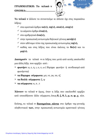 xristx.blogspot.gr Χρήστος Χαρµπής
ΓΡΑΜΜΑΤΙΚΗ: Το τελικό ν
ΟΝΟΜΑ:……………………………….
Το τελικό ν άλλοτε το συναντούµε κι άλλοτε όχι στις παρακάτω
λέξεις:
στα οριστικά άρθρα το(ν), τη(ν), στο(ν), στη(ν)
το αόριστο άρθρο ένα(ν),
στο αριθµητικό ένα(ν),
στην προσωπική αντωνυµία θηλυκού γένους αυτή(ν)
στον αδύναµο τύπο της προσωπικής αντωνυµίας τη(ν),
καθώς και στις λέξεις που είναι άκλιτες το δε(ν) και το
µη(ν).
∆ιατηρούν το τελικό ν οι λέξεις που µετά από αυτές ακολουθεί
µια άλλη λέξη που αρχίζει από :
φωνήεν: α, ε, η, ι, ο, υ, ω ( δίψηφο φωνήεν ή συνδυασµό από
φωνήεντα)
τα δίψηφα σύµφωνα: µπ, ντ, γκ, τσ, τζ
τα διπλά σύµφωνα: ξ, ψ
τα σύµφωνα: κ, π , τ
Χάνουν το τελικό ν όµως, όταν η λέξη που ακολουθεί αρχίζει
από οποιοδήποτε άλλο σύµφωνο, όπως δ, ζ, θ, λ, µ, σ, φ, χ, κλπ.
Επίσης, το τελικό ν διατηρείται πάντα στο άρθρο της γενικής
πληθυντικού των, στην προσωπική αντωνυµία αρσενικού γένους
Κ α λ ή
χ ρ ο ν ι ά!
Επιμέλεια επανάληψης: Χρήστος Χαρμπής http://xristx.blogspot.gr σελ.39
 