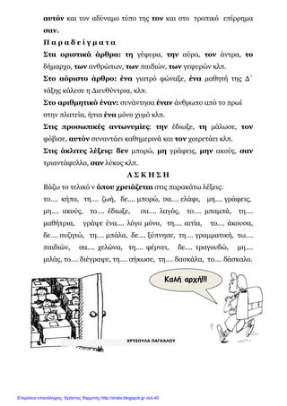 xristx.blogspot.gr Χρήστος Χαρµπής
αυτόν και τον αδύναµο τύπο της τον και στο τροπικό επίρρηµα
σαν.
Π α ρ α δ ε ί γ µ α τ α
Στα οριστικά άρθρα: τη γέφυρα, την αύρα, τον άντρα, το
δήµαρχο, των ανθρώπων, των παιδιών, των γεφυρών κλπ.
Στο αόριστο άρθρο: ένα γιατρό φώναξε, ένα µαθητή της ∆΄
τάξης κάλεσε η ∆ιευθύντρια, κλπ.
Στο αριθµητικό έναν: συνάντησα έναν άνθρωπο από το πρωί
στην πλατεία, ήπια ένα µόνο χυµό κλπ.
Στις προσωπικές αντωνυµίες: την έδιωξε, τη µάλωσε, τον
φόβισε, αυτόν συναντάει καθηµερινά και τον χαιρετάει κλπ.
Στις άκλιτες λέξεις: δεν µπορώ, µη γράφεις, µην ακούς, σαν
τριαντάφυλλο, σαν λύκος κλπ.
Α Σ Κ Η Σ Η
Βάζω το τελικό ν όπου χρειάζεται στις παρακάτω λέξεις:
το…. κήπο, τη…. ζωή, δε…. µπορώ, σα…. ελάφι, µη…. γράφεις,
µη…. ακούς, το…. έδιωξε, σα…. λαγός, το…. µπαµπά, τη….
µαθήτρια, γράψε ένα…. λόγο µόνο, τη…. αιτία, το…. άκουσα,
δε…. συζητώ, τη…. µπάλα, δε…. ξύπνησε, τη…. γραµµατική, τω….
παιδιών, σα…. χελώνα, τη…. φέρνει, δε…. τραγουδώ, µη….
µιλάς, το…. διέγραψε, τη…. σήκωσε, τη…. δασκάλα, το…. δάσκαλο.
ΧΡΥΣΟΥΛΑ ΠΑΓΚΑΛΟΥ
Καλή αρχή!!!
Επιμέλεια επανάληψης: Χρήστος Χαρμπής http://xristx.blogspot.gr σελ.40
 