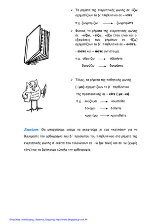 xristx.blogspot.gr Χρήστος Χαρμπής
Τα ρήµατα της ενεργητικής φωνής σε –ίζω
σχηµατίζουν το β΄πληθυντικό σε – ίστε
π.χ. ζωγραφίζω ζωγραφίστε
Φυσικά, τα ρήµατα της ενεργητικής φωνής
σε -οίζω, -είζω, -ύζω (που είναι και οι
εξαιρέσεις των ρηµάτων σε –ίζω)
σχηµατίζουν το β΄ πληθυντικό σε – οίστε,
- είστε και – ύστε αντίστοιχα.
π.χ. αθροίζω αθροίστε
δακρύζω δακρύστε
Τέλος, τα ρήµατα της παθητικής φωνής
(- µαι) σχηµατίζουν το β΄ πληθυντικό
της προστακτικής σε – είτε ( µε –ει)
π.χ. λούζοµαι λουστείτε
δένοµαι δεθείτε
κρατιέµαι κρατηθείτε
Σηµείωση: Θα µπορούσαµε ακόµα να σκεφτούµε κι ένα «κολπάκι» για να
θυµόµαστε την ορθογραφία του β΄ προσώπου του πληθυντικού στα ρήµατα της
ενεργητικής φωνής σ’ εκείνα που τελειώνουν σε -ώ (µε τόνο) και σε –ω (χωρίς
τόνο) και να βρίσκουµε εύκολα την ορθογραφία:
Επιμέλεια επανάληψης: Χρήστος Χαρμπής http://xristx.blogspot.gr σελ.44
 