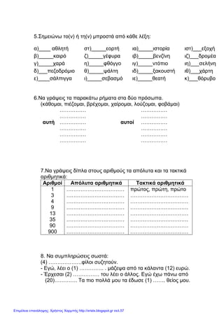 xristx.blogspot.gr Χρήστος Χαρµπής
5.Σηµειώνω το(ν) ή τη(ν) µπροστά από κάθε λέξη:
α)____ αθλητή στ)_____εορτή ια)_____ιστορία ιστ)___εξοχή
β)_____καιρό ζ)_____γέφυρα ιβ)_____βενζίνη ιζ)___δροµέα
γ)_____χαρά η)_____φθόγγο ιγ)_____ντόπιο ιη)___σελήνη
δ)___πεζοδρόµιο θ)_____ψάλτη ιδ)_____ξακουστή ιθ)___χάρτη
ε)____σάλπιγγα ι)_____σεβασµό ιε)_____θεατή κ)___θόρυβο
6.Να γράψεις τα παρακάτω ρήµατα στα δύο πρόσωπα.
(κάθοµαι, πιέζοµαι, βρέχοµαι, χαίροµαι, λούζοµαι, φοβάµαι)
…………… ……………
…………… ……………
αυτή …………… αυτοί ……………
…………… ……………
…………… ……………
…………… ……………
7.Να γράψεις δίπλα στους αριθµούς τα απόλυτα και τα τακτικά
αριθµητικά:
Αριθµοί Απόλυτα αριθµητικά Τακτικά αριθµητικά
1 …………………………… πρώτος, πρώτη, πρώτο
3 …………………………… ……………………………
4 …………………………… ……………………………
9 …………………………… ……………………………
13 …………………………… ……………………………
35 …………………………… ……………………………
90 …………………………… ……………………………
900 …………………………… ……………………………
8. Να συµπληρώσεις σωστά:
(4) ……………….φίλοι συζητούν.
- Εγώ, λέει ο (1) ………….. . µάζεψα από τα κάλαντα (12) ευρώ.
- Έρχεσαι (2) …………… του λέει ο άλλος. Εγώ έχω πάνω από
(20)…………. Τα πιο πολλά µου τα έδωσε (1) ……. θείος µου.
Επιμέλεια επανάληψης: Χρήστος Χαρμπής http://xristx.blogspot.gr σελ.57
 