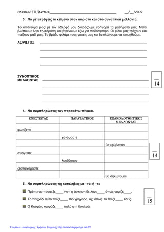 ΟΝΟΜΑΤΕΠΩΝΥΜΟ:___________________________________ __/__/2009
xristx.blogspot.gr Χρήστος Χαρµπής
3. Να µετατρέψεις το κείµενο στον αόριστο και στο συνοπτικό µέλλοντα.
Το απόγευµα µαζί µε τον αδερφό µου διαβάζουµε γρήγορα τα µαθήµατά µας. Μετά
βλέπουµε λίγο τηλεόραση και βγαίνουµε έξω για ποδόσφαιρο. Οι φίλοι µας τρέχουν και
παίζουν µαζί µας. Το βράδυ φιλάµε τους γονείς µας και ξαπλώνουµε να κοιµηθούµε.
ΑΟΡΙΣΤΟΣ
ΣΥΝΟΠΤΙΚΟΣ
ΜΕΛΛΟΝΤΑΣ
4. Να συµπληρώσεις τον παρακάτω πίνακα.
ΕΝΕΣΤΩΤΑΣΕΝΕΣΤΩΤΑΣΕΝΕΣΤΩΤΑΣΕΝΕΣΤΩΤΑΣ ΠΑΡΑΤΑΤΙΚΟΣΠΑΡΑΤΑΤΙΚΟΣΠΑΡΑΤΑΤΙΚΟΣΠΑΡΑΤΑΤΙΚΟΣ ΕΞΑΚΟΛΟΥΘΗΤΙΚΟΣΕΞΑΚΟΛΟΥΘΗΤΙΚΟΣΕΞΑΚΟΛΟΥΘΗΤΙΚΟΣΕΞΑΚΟΛΟΥΘΗΤΙΚΟΣ
ΜΕΛΛΟΝΤΑΣΜΕΛΛΟΝΤΑΣΜΕΛΛΟΝΤΑΣΜΕΛΛΟΝΤΑΣ
φωτίζεται
χανόµαστε
θα κρύβονται
ανοίγεστε
λουζόσουν
ζεσταινόµαστε
θα σηκώνοµαι
5. Να συµπληρώσεις τις καταλήξεις µε –ται ή –τε
Πρέπει να προσέξε____ γιατί η άσκηση δε λύνε____ όπως νοµίζε____.
Το παιχνίδι αυτό παίζε____ πιο γρήγορα, όχι όπως το παίζε____ εσείς.
Ο Κοσµάς κουράζε____ πολύ στη δουλειά.
___________________________________________________________________
___________________________________________________________________
___________________________________________________________________
___________________________________________________________________
___________________________________________________________________
___________________________________________________________________
___________________________________________________________________
___________________________________________________________________
14
14
15
Επιμέλεια επανάληψης: Χρήστος Χαρμπής http://xristx.blogspot.gr σελ.72
 
