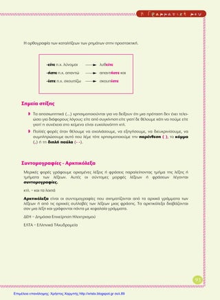 H ° Ú · Ì Ì · Ù È Î ‹ Ì Ô ˘
-Â›ÙÂ .¯. Ï‡ÓÔÌ·È Ï˘ıÂ›ÙÂ
-‹ÛÙÂ .¯. ··ÓÙÒ ··ÓÙ‹ÛÙÂ Î·È
-›ÛÙÂ .¯. ÛÎÔ˘›˙ˆ ÛÎÔ˘›ÛÙÂ
™ËÌÂ›· ÛÙ›ÍË˜
◗ ∆· ·ÔÛÈˆËÙÈÎ¿ (...) ¯ÚËÛÈÌÔÔÈÔ‡ÓÙ·È ÁÈ· Ó· ‰Â›ÍÔ˘Ó ﬁÙÈ ÌÈ· ÚﬁÙ·ÛË ‰ÂÓ ¤¯ÂÈ ÙÂÏÂÈ-
ÒÛÂÈ ÁÈ· ‰È¿ÊÔÚÔ˘˜ ÏﬁÁÔ˘˜: Â›ÙÂ ·ﬁ Û˘ÁÎ›ÓËÛË Â›ÙÂ ÁÈ·Ù› ‰Â ı¤ÏÔ˘ÌÂ Î¿ÙÈ Ó· Ô‡ÌÂ Â›ÙÂ
ÁÈ·Ù› Ë Û˘Ó¤¯ÂÈ· ÛÙÔ ÎÂ›ÌÂÓÔ Â›Ó·È Â˘ÎÔÏÔÓﬁËÙË ÎÙÏ.
◗ ¶ÔÏÏ¤˜ ÊÔÚ¤˜ ﬁÙ·Ó ı¤ÏÔ˘ÌÂ Ó· Û¯ÔÏÈ¿ÛÔ˘ÌÂ, Ó· ÂÍËÁ‹ÛÔ˘ÌÂ, Ó· ‰ÈÂ˘ÎÚÈÓ›ÛÔ˘ÌÂ, Ó·
Û˘ÌÏËÚÒÛÔ˘ÌÂ ·˘Ùﬁ Ô˘ Ï¤ÌÂ ÙﬁÙÂ ¯ÚËÛÈÌÔÔÈÔ‡ÌÂ ÙËÓ ·Ú¤ÓıÂÛË ( ), ÙÔ ÎﬁÌÌ·
(,) ‹ ÙË ‰ÈÏ‹ ·‡Ï· (- -).
™˘ÓÙÔÌÔÁÚ·Ê›Â˜ - AÚÎÙÈÎﬁÏÂÍ·
ªÂÚÈÎ¤˜ ÊÔÚ¤˜ ÁÚ¿ÊÔ˘ÌÂ ÔÚÈÛÌ¤ÓÂ˜ Ï¤ÍÂÈ˜ ‹ ÊÚ¿ÛÂÈ˜ ·Ú·ÏÂ›ÔÓÙ·˜ ÙÌ‹Ì· ÙË˜ Ï¤ÍË˜ ‹
ÙÌ‹Ì·Ù· ÙˆÓ Ï¤ÍÂˆÓ. ∞˘Ù¤˜ ÔÈ Û‡ÓÙÔÌÂ˜ ÌÔÚÊ¤˜ Ï¤ÍÂˆÓ ‹ ÊÚ¿ÛÂˆÓ Ï¤ÁÔÓÙ·È
Û˘ÓÙÔÌÔÁÚ·Ê›Â˜.
ÎÙÏ. = Î·È Ù· ÏÔÈ¿
AÚÎÙÈÎﬁÏÂÍ· Â›Ó·È ÔÈ Û˘ÓÙÔÌÔÁÚ·Ê›Â˜ Ô˘ Û¯ËÌ·Ù›˙ÔÓÙ·È ·ﬁ Ù· ·Ú¯ÈÎ¿ ÁÚ¿ÌÌ·Ù· ÙˆÓ
Ï¤ÍÂˆÓ ‹ ·ﬁ ÙÈ˜ ·Ú¯ÈÎ¤˜ Û˘ÏÏ·‚¤˜ ÙˆÓ Ï¤ÍÂˆÓ ÌÈ·˜ ÊÚ¿ÛË˜. T· ·ÚÎÙÈÎﬁÏÂÍ· ‰È·‚¿˙ÔÓÙ·È
Û·Ó ÌÈ· Ï¤ÍË Î·È ÁÚ¿ÊÔÓÙ·È ¿ÓÙ· ÌÂ ÎÂÊ·Ï·›· ÁÚ¿ÌÌ·Ù·.
¢EH = ¢ËÌﬁÛÈ· EÈ¯Â›ÚËÛË HÏÂÎÙÚÈÛÌÔ‡
E§TA = E§ÏËÓÈÎ¿ TA¯˘‰ÚÔÌÂ›·
93
∏ ÔÚıÔÁÚ·Ê›· ÙˆÓ Î·Ù·Ï‹ÍÂˆÓ ÙˆÓ ÚËÌ¿ÙˆÓ ÛÙËÓ ÚÔÛÙ·ÎÙÈÎ‹.
Επιμέλεια επανάληψης: Χρήστος Χαρμπής http://xristx.blogspot.gr σελ.89
 