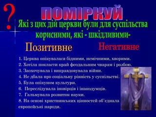 1.1. Церква опікувалася бідними, немічними, хворимиЦерква опікувалася бідними, немічними, хворими..
2.2. ХотілаХотіла покласти край феодальним чварам і розбою.покласти край феодальним чварам і розбою.
3.3. Заохочувала і виправдовувала війни.Заохочувала і виправдовувала війни.
4.4. Не дбала про соціальну рівність у суспільствіНе дбала про соціальну рівність у суспільстві..
5.5. БулаБула опікуном культури.опікуном культури.
6.6. Переслідувала іновірців і інакодумцівПереслідувала іновірців і інакодумців..
7. Гальмувала розвиток науки.7. Гальмувала розвиток науки.
8. На основі християнських цінностей об8. На основі християнських цінностей об``єдналаєднала
європейські народи.європейські народи.
 