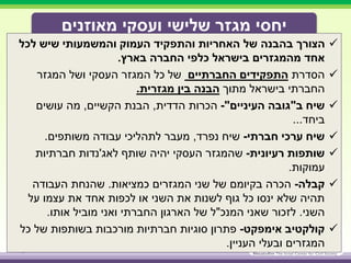 ‫מאוזנים‬ ‫ועסקי‬ ‫שלישי‬ ‫מגזר‬ ‫יחסי‬
8
‫העמוק‬ ‫והתפקיד‬ ‫האחריות‬ ‫של‬ ‫בהבנה‬ ‫הצורך‬‫שיש‬ ‫והמשמעותי‬‫לכל‬
‫בארץ‬ ‫החברה‬ ‫כלפי‬ ‫בישראל‬ ‫מהמגזרים‬ ‫אחד‬.
‫הסדרת‬‫התפקידים‬‫החברתיים‬‫המגזר‬ ‫כל‬ ‫של‬‫העסקי‬‫המגזר‬ ‫ושל‬
‫החברתי‬‫בישראל‬‫מתוך‬‫מגזרית‬ ‫בין‬ ‫הבנה‬.
‫שיח‬‫ב‬"‫העיניים‬ ‫גובה‬"-‫הדדית‬ ‫הכרות‬,‫הבנת‬‫הקשיים‬,‫עושים‬ ‫מה‬
‫ביחד‬...
‫חברתי‬ ‫ערכי‬ ‫שיח‬-‫שיח‬‫נפרד‬,‫משותפים‬ ‫עבודה‬ ‫לתהליכי‬ ‫מעבר‬.
‫רעיונית‬ ‫שותפות‬-‫שותף‬ ‫יהיה‬ ‫העסקי‬ ‫שהמגזר‬‫לאג‬'‫נדות‬‫חברתיות‬
‫עמוקות‬.
‫קבלה‬-‫כמציאות‬ ‫המגזרים‬ ‫שני‬ ‫של‬ ‫בקיומם‬ ‫הכרה‬.‫שהנחת‬‫העבודה‬
‫על‬ ‫עצמו‬ ‫את‬ ‫אחד‬ ‫לכפות‬ ‫או‬ ‫השני‬ ‫את‬ ‫לשנות‬ ‫גוף‬ ‫כל‬ ‫ינסו‬ ‫שלא‬ ‫תהיה‬
‫השני‬.‫המנכ‬ ‫שאני‬ ‫לזכור‬"‫אותו‬ ‫מוביל‬ ‫ואני‬ ‫החברתי‬ ‫הארגון‬ ‫של‬ ‫ל‬.
‫אימפקט‬ ‫קולקטיב‬-‫כל‬ ‫של‬ ‫בשותפות‬ ‫מורכבות‬ ‫חברתיות‬ ‫סוגיות‬ ‫פתרון‬
‫העניין‬ ‫ובעלי‬ ‫המגזרים‬.
 