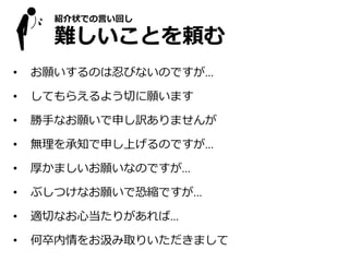 紹介状での言い回し
難しいことを頼む
• お願いするのは忍びないのですが…
• してもらえるよう切に願います
• 勝手なお願いで申し訳ありませんが
• 無理を承知で申し上げるのですが…
• 厚かましいお願いなのですが…
• ぶしつけなお願いで恐縮ですが…
• 適切なお心当たりがあれば…
• 何卒内情をお汲み取りいただきまして
 