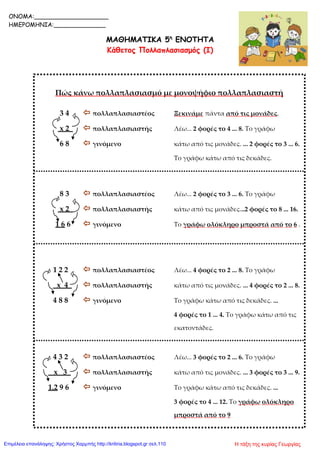 ΜΑΘΗΜΑΤΙΚΑ 5η
ΕΝΟΤΗΤΑ
Κάθετος Πολλαπλασιασμός (Ι)
Πώς κάνω πολλαπλασιασμό με μονοψήφιο πολλαπλασιαστή
3 4  πολλαπλασιαστέος Ξεκινάμε πάντα από τις μονάδες.
x 2  πολλαπλασιαστής Λέω... 2 φορές το 4 ... 8. Το γράφω
6 8  γινόμενο κάτω από τις μονάδες. ... 2 φορές το 3 ... 6.
Το γράφω κάτω από τις δεκάδες.
8 3  πολλαπλασιαστέος Λέω... 2 φορές το 3 ... 6. Το γράφω
x 2  πολλαπλασιαστής κάτω από τις μονάδες...2 φορές το 8 ... 16.
1 6 6  γινόμενο Το γράφω ολόκληρο μπροστά από το 6 .
1 2 2  πολλαπλασιαστέος Λέω... 4 φορές το 2 ... 8. Το γράφω
x 4  πολλαπλασιαστής κάτω από τις μονάδες. ... 4 φορές το 2 ... 8.
4 8 8  γινόμενο Το γράφω κάτω από τις δεκάδες. ...
4 φορές το 1 ... 4. Το γράφω κάτω από τις
εκατοντάδες.
4 3 2  πολλαπλασιαστέος Λέω... 3 φορές το 2 ... 6. Το γράφω
x 3  πολλαπλασιαστής κάτω από τις μονάδες. ... 3 φορές το 3 ... 9.
1.2 9 6  γινόμενο Το γράφω κάτω από τις δεκάδες. ...
3 φορές το 4 ... 12. Το γράφω ολόκληρο
μπροστά από το 9
ONOMA:____________________
ΗΜΕΡΟΜΗΝΙΑ:______________
Η τάξη της κυρίας ΓεωργίαςΕπιμέλεια επανάληψης: Χρήστος Χαρμπής http://kritiria.blogspot.gr σελ.110
 