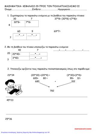 ΜΑΘΗΜΑΤΙΚΑ- ΚΕΦΑΛΑΙΟ 29-ΠΡΟΣ ΤΟΝ ΠΟΛΛΑΠΛΑΣΙΑΣΜΟ ΙΙ
Όνομα:………………………………….Επίθετο:……………………………Ημερομηνία:…………………………..
1. Συμπληρώνω τα παρακάτω γινόμενα με τη βοήθεια του παρακάτω πίνακα:
30 7 37*8= (30*8) +(7*8)=
8
60 9 69*7=
7
2. Με τη βοήθεια του πίνακα υπολογίζω τα παρακάτω γινόμενα:
40 7 ………..+……….+…………..+……………=………..
20
3
2. Υπολογίζω οριζόντια τους παρακάτω πολλαπλασιασμούς όπως στο παράδειγμα:
23*34 (20*30) +(20*4) = (3*30)+(3*4)=
600+ 80 = 90+ 12=
680 + 102
782
45*23
25*36
30*8= 7*8=
…….*……= ……..*……=
20*40= ………*……=
3*40= ………*………=
ΜΑΝΤΖΑΦΛΑΡΗ ΕΛΕΝΗ
Επιμέλεια επανάληψης: Χρήστος Χαρμπής http://kritiria.blogspot.gr σελ.181
 