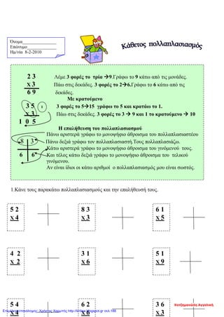 Όνομα_______________
Επώνυμο_____________
Hμ/νία 8-2-2010
1.Κάνε τους παρακάτω πολλαπλασιασμούς και την επαλήθευσή τους.
2 3 Λέμε 3 φορές το τρία 9.Γράφω το 9 κάτω από τις μονάδες.
Χ 3 Πάω στις δεκάδες. 3 φορές το 26.Γράφω το 6 κάτω από τις
6 9 δεκάδες.
Με κρατούμενο
3 5 3 φορές το 515 γράφω το 5 και κρατάω το 1.
Χ 3 Πάω στις δεκάδες. 3 φορές το 3  9 και 1 το κρατούμενο  10
1 0 5
Η επαλήθευση του πολλαπλασιασμού
Πάνω αριστερά γράφω το μονοψήφιο άθροισμα του πολλαπλασιαστέου
8 3 Πάνω δεξιά γράφω τον πολλαπλασιαστή.Τους πολλαπλασιάζω.
Κάτω αριστερά γράφω το μονοψήφιο άθροισμα του γινόμενού τους.
6 6 Και τέλος κάτω δεξιά γράφω το μονοψήφιο άθροισμα του τελικού
γινόμενου.
Αν είναι ίδιοι οι κάτω αριθμοί ο πολλαπλασιασμός μου είναι σωστός.
1
5 2
Χ 4
4 2
Χ 2
3 1
Χ 6
8 3
Χ 3
5 1
Χ 9
6 1
Χ 5
6 2
Χ 6
5 4
Χ 4
3 6
Χ 3
Χατζημανώλη Αγγελική
Επιμέλεια επανάληψης: Χρήστος Χαρμπής http://kritiria.blogspot.gr σελ.188
 