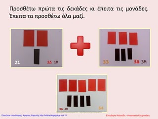 Προσθέτω πρώτα τις δεκάδες κι έπειτα τις μονάδες.
Έπειτα τα προσθέτω όλα μαζί.
Γραμματομαζώματα...αριθμοσκορπίσματα.
.. Ελευθερία Καλούδη - Αναστασία ΚουρτικάκηΕπιμέλεια επανάληψης: Χρήστος Χαρμπής http://kritiria.blogspot.gr σελ.19
 