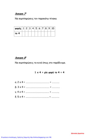 Άσκηση 7η
Να συμπληρώσεις τον παρακάτω πίνακα.
φορές 1 2 3 4 5 6 7 8 9 10
το 4
Άσκηση 8η
Να συμπληρώσεις τα κενά όπως στο παράδειγμα.
1 x 4 = μία φορά το 4 = 4
α. 2 x 4 = ……………………………………… = …………..
β. 3 x 4 = ……………………………………… = ……………
γ. 4 x 4 = ……………………………………… = …………..
δ. 5 x 4 = …………………………………….. = ……………
Ζάνταλη Χριστίνα
Επιμέλεια επανάληψης: Χρήστος Χαρμπής http://kritiria.blogspot.gr σελ.196
 