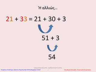 Ή αλλιώς…
21 + 33 = 21 + 30 + 3
51 + 3
54
Γραμματομαζώματα...αριθμοσκορπίσματα.
.. Ελευθερία Καλούδη - Αναστασία ΚουρτικάκηΕπιμέλεια επανάληψης: Χρήστος Χαρμπής http://kritiria.blogspot.gr σελ.23
 