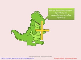 Γραμματομαζώματα...αριθμοσκορπίσματα.
..
Με τον ίδιο τρόπο μπορώ να
προσθέσω και
περισσότερους από δύο
αριθμούς;
Ελευθερία Καλούδη - Αναστασία ΚουρτικάκηΕπιμέλεια επανάληψης: Χρήστος Χαρμπής http://kritiria.blogspot.gr σελ.29
 