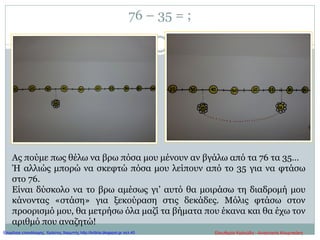 76 – 35 = ;
Ας πούμε πως θέλω να βρω πόσα μου μένουν αν βγάλω από τα 76 τα 35…
Ή αλλιώς μπορώ να σκεφτώ πόσα μου λείπουν από το 35 για να φτάσω
στο 76.
Είναι δύσκολο να το βρω αμέσως γι’ αυτό θα μοιράσω τη διαδρομή μου
κάνοντας «στάση» για ξεκούραση στις δεκάδες. Μόλις φτάσω στον
προορισμό μου, θα μετρήσω όλα μαζί τα βήματα που έκανα και θα έχω τον
αριθμό που αναζητώ!
Ελευθερία Καλούδη - Αναστασία ΚουρτικάκηΕπιμέλεια επανάληψης: Χρήστος Χαρμπής http://kritiria.blogspot.gr σελ.40
 