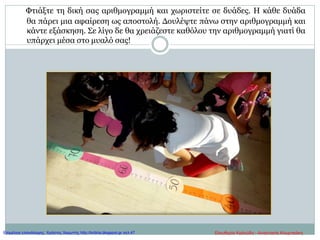 Φτιάξτε τη δική σας αριθμογραμμή και χωριστείτε σε δυάδες. Η κάθε δυάδα
θα πάρει μια αφαίρεση ως αποστολή. Δουλέψτε πάνω στην αριθμογραμμή και
κάντε εξάσκηση. Σε λίγο δε θα χρειάζεστε καθόλου την αριθμογραμμή γιατί θα
υπάρχει μέσα στο μυαλό σας!
Ελευθερία Καλούδη - Αναστασία ΚουρτικάκηΕπιμέλεια επανάληψης: Χρήστος Χαρμπής http://kritiria.blogspot.gr σελ.47
 