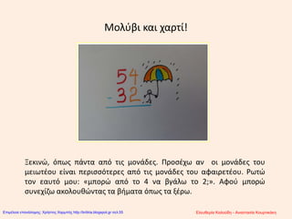 Μολύβι και χαρτί!
Ξεκινώ, όπως πάντα από τις μονάδες. Προσέχω αν οι μονάδες του
μειωτέου είναι περισσότερες από τις μονάδες του αφαιρετέου. Ρωτώ
τον εαυτό μου: «μπορώ από το 4 να βγάλω το 2;». Αφού μπορώ
συνεχίζω ακολουθώντας τα βήματα όπως τα ξέρω.
Ελευθερία Καλούδη - Αναστασία ΚουρτικάκηΕπιμέλεια επανάληψης: Χρήστος Χαρμπής http://kritiria.blogspot.gr σελ.55
 