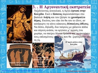 Η Αργώ φτάνει στην
Κολχίδα.
3. 2. Η Αργοναυτική εκστρατεία
Ταξιδεύοντας ανατολικά, η Αργώ έφτασε στην
Κολχίδα. Εκεί ο Ιάσονας παρουσιάστηκε στο
βασιλιά Αιήτη και του ζήτησε το χρυσόμαλλο
δέρας. Εκείνος του είπε ότι θα του το έδινε, αν
κατάφερνε να κάνει κάποιους δύσκολους άθλους.
Να δέσει, δηλαδή, δυο ταύρους με χάλκινα πόδια
και πύρινη ανάσα, να οργώσει μ’ αυτούς ένα
χωράφι, να σπείρει δόντια δράκου και να σκοτώσει
Ο βασιλιάς Αιήτης
Ο βασιλιάς Αιήτης.
τους οπλισμένους γίγαντες που θα ξεφύτρωναν από
τη γη.
Ιάσονας και βασιλιάς
Αιήτης.
Ενώ η Μήδεια
αποκοιμίζει το δράκο,
ο Ιάσονας
αρπάζει το
χρυσόμαλλο δέρας.
Παπαδημητρακοπούλου ΕυγενίαΕπιμέλεια επανάληψης: Χρήστος Χαρμπής http://kritiria.blogspot.gr σελ.27
 
