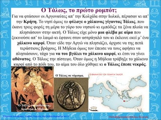 Για να φτάσουν οι Αργοναύτες απ’ την Κολχίδα στην Ιωλκό, πέρασαν κι απ’
την Κρήτη. Το νησί όμως το φύλαγε ο χάλκινος γίγαντας Τάλως, που
έκανε τρεις φορές τη μέρα το γύρο του νησιού κι εμπόδιζε τα ξένα πλοία να
πλησιάσουν στην ακτή. Ο Τάλως είχε μόνο μια φλέβα με αίμα που
ξεκινούσε απ’ το λαιμό κι έφτανε στον αστράγαλό του κι έκλεινε εκεί μ’ ένα
χάλκινο καρφί. Όταν είδε την Αργώ να πλησιάζει, άρχισε να της πετά
τεράστιους βράχους. Η Μήδεια όμως τον έπεισε να τους αφήσει να
πλησιάσουν, τάχα για να του βγάλει το χάλκινο καρφί, κι έτσι να γίνει
αθάνατος. Ο Τάλως την πίστεψε. Όταν όμως η Μήδεια τράβηξε το χάλκινο
καρφί από το πόδι του, το αίμα του όλο χύθηκε κι ο Τάλως έπεσε νεκρός.
O Τάλως, τo πρώτο ρομπότ;
Ο Τάλως ετοιμοθάνατος.
Αριστερά η Μήδεια.
Ο Τάλως σε νόμισμα.
Παπαδημητρακοπούλου ΕυγενίαΕπιμέλεια επανάληψης: Χρήστος Χαρμπής http://kritiria.blogspot.gr σελ.31
 