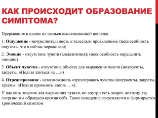 КАК ПРОИСХОДИТ ОБРАЗОВАНИЕ
СИМПТОМА?
Прерывания в одном из звеньев вышеназванной цепочки:
1. Ощущение - нечувствительность к телесным проявлениям; (неспособность
ощутить, что я сейчас переживаю)
2. Эмоция - отсутствие чувств (алекситимия); (неспособность определить
эмоцию)
3. Объект чувства - отсутствие объекта для выражения чувств (интроекты,
запреты. «Нельзя злиться на …»)
4. Отреагирование - невозможность отреагировать чувство (интроекты, запреты,
травмы. «Нельзя проявлять злость …»).
У нас есть энергия для выражения чувств, но внутри есть запрет, поэтому эту
энергию мы обращаем против себя. Такое поведение закрепляется и формируется
хронический симптом
 