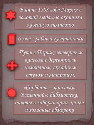 «Сорбонна – конспект
Вселенной»: библиотека,
опыты в лаборатории, книги
и голодные обмороки
В июне 1883 года Мария с
золотой медалью окончила
казенную гимназию
6 лет - работа гувернантки
Путь в Париж четвертым
классом с деревянным
чемоданом, складным
стулом и матрацем.
 