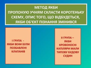 МЕТОД ЯКБИ
ПРОПОНУЮ УЧНЯМ СКЛАСТИ КОРОТЕНЬКУ
СХЕМУ, ОПИС ТОГО, ЩО ВІДБУДЕТЬСЯ,
ЯКБИ ОБ‘ЄКТ ПІЗНАННЯ ЗМІНИВСЯ
І ГРУПА -
ЯКБИ ВЕНИ БУЛИ
ПОЗБАВЛЕНІ
КЛАПАНІВ
ІІ ГРУПА –
ЯКБИ
КРОВОНОСНІ
КАПІЛЯРИ МАЛИ
ТИПОВУ БУДОВУ
СУДИН
 