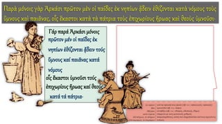 Παρὰ μόνοις γὰρ Ἀρκάσι πρῶτον μὲν οἱ παῖδες ἐκ νηπίων ᾄδειν ἐθίζονται κατὰ νόμους τοὺς
ὕμνους καὶ παιᾶνας, οἷς ἕκαστοι κατὰ τὰ πάτρια τοὺς ἐπιχωρίους ἥρωας καὶ θεοὺς ὑμνοῦσι·
Γάρ παρά Ἀρκάσι μόνοις
πρῶτον μέν οἱ παῖδες ἐκ
νηπίων ἐθίζονται ᾄδειν τούς
ὕμνους καί παιᾶνας κατά
νόμους
οἷς ἕκαστοι ὑμνοῦσι τούς
ἐπιχωρίους ἥρωας καί θεούς
κατά τά πάτρια·
 