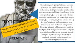 Είναι ωφέλεια για όλους τους ανθρώπους να ασκούν τη
μουσική για τους Αρκάδες όμως είναι αναγκαίο. [...]
Γιατί μόνο στους Αρκάδες πρώτα πρώτα τα παιδιά από τη
νηπιακή τους ηλικία συνηθίζουν να τραγουδούν τους ύμνους
και τους παιάνες σύμφωνα με τους μουσικούς ρυθμούς με
τους οποίους ο καθένας υμνεί τους τοπικούς ήρωες και τους
θεούς σύμφωνα με τα πατροπαράδοτα· μετά από αυτά […]
(τα παιδιά) χορεύουν με μεγάλο συναγωνισμό με τη
συνοδεία των αυλητών του Διονύσου κάθε χρόνο στα
θέατρα. Και δε θεωρούν καθόλου ντροπή (τα παιδιά) να
παραδεχτούν ότι δε γνωρίζουν κάτι από τα άλλα μαθήματα,
το τραγούδι όμως τουλάχιστον ούτε μπορούν να αρνηθούν
επειδή όλοι το μαθαίνουν υποχρεωτικά, ούτε αν το
παραδεχτούν μπορούν να απαλλαγούν επειδή αυτό
θεωρείται ντροπή στην κοινωνία τους.ΜΕΤΑΦΡΑΣΗ
ΕΡΩΤΗΣΕΙΣ
 