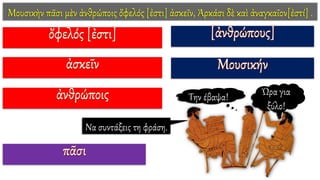 Mουσικὴν πᾶσι μὲν ἀνθρώποις ὄφελός [ἐστι] ἀσκεῖν, Ἀρκάσι δὲ καὶ ἀναγκαῖον[ἐστί] .
Να συντάξεις τη φράση.
Την έβαψα! Ώρα για
ξύλο!
 