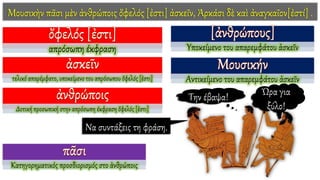 Mουσικὴν πᾶσι μὲν ἀνθρώποις ὄφελός [ἐστι] ἀσκεῖν, Ἀρκάσι δὲ καὶ ἀναγκαῖον[ἐστί] .
απρόσωπη έκφραση
τελικό απαρέμφατο, υποκείμενο του απρόσωπου ὄφελός [ἐστι]
Δοτική προσωπική στην απρόσωπη έκφραση ὄφελός [ἐστι]
Υποκείμενο του απαρεμφάτου ἀσκεῖν
Αντικείμενο του απαρεμφάτου ἀσκεῖν
Κατηγορηματικός προσδιορισμός στο ἀνθρώποις
Να συντάξεις τη φράση.
Την έβαψα! Ώρα για
ξύλο!
 