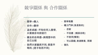 競爭關係 與 合作關係
– 競爭->敵人
– 合作->夥伴
– 追求卓越 –不和任何人競爭,
只要跨步向前就行
– 健全的自卑感--與理想中的
自己比較
– 我們大家雖然不同, 卻是平
等的. [君子和而不同]
– 競爭氛圍
– 權力鬥爭 [我是對的]
– 忍耐
– 不回應 [唾面自乾]
– 不使用[憤怒]
– 可以認錯, 表達歉意, 脫離
– 復仇
 
