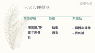 三大心理學派
佛洛伊德
– 潛意識/夢
– 童年創傷
– 性
榮格
– 陰影
– 原型
背景介紹
阿德勒
– 個體心理學
– 目的論
 