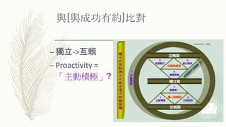 與[與成功有約]比對
– 獨立->互賴
– Proactivity =
「主動積極」?
 