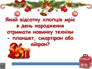 Який відсотку хлопців мріє
в день народження
отримати новинку техніки
- планшет, смартфон або
айфон?
 