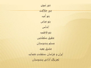 ‫نبوی‬ ِ‫ر‬‫دو‬
‫خالفت‬ ِ‫ر‬‫دو‬
‫میہ‬ُ‫ا‬ ‫بنو‬
‫عباس‬‫بنو‬
‫اندلس‬
‫فاطمیہ‬‫بنو‬
‫سلطنتیں‬‫ق‬‫متفر‬
‫ہندوستان‬‫مسلم‬
‫بعید‬ ِ‫ق‬‫مشر‬
‫عثمانیہ‬ ِ‫اسان،سلطنت‬‫ر‬‫خ‬‫و‬‫ان‬‫ر‬‫ای‬
‫ہندوستان‬‫ذادی‬‫ا‬ ِ‫تحریک‬
 