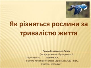 Природознавство 2 клас
(за підручником І Грущинської)
Підготувала : Коваль Н.І.,
вчитель початкових класів Борівської ЗОШ І-ІІІст.,
вчитель - методист
Як різняться рослини за
тривалістю життя
 