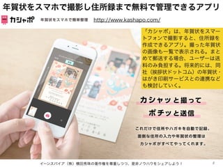 年賀状をスマホで撮影し住所録まで無料で管理できるアプリ
イーンスパイア（株）横田秀珠の著作権を尊重しつつ、是非ノウハウをシェアしよう！ 2
http://www.kashapo.com/
「カシャポ」は、年賀状をスマー
トフォンで撮影すると、住...