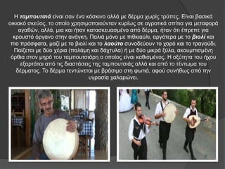 Η ταμπουτσιά είναι σαν ένα κόσκινο αλλά με δέρμα χωρίς τρύπες. Είναι βασικά
οικιακό σκεύος, το οποίο χρησιμοποιούνταν κυρίως σε αγροτικά σπίτια για μεταφορά
αγαθών, αλλά, μια και ήταν κατασκευασμένο από δέρμα, ήταν ότι έπρεπε για
κρουστό όργανο στην ανάγκη. Παλιά μόνο με πιθκιαύλι, αργότερα με το βιολί και
πιο πρόσφατα, μαζί με το βιολί και το λαούτο συνοδεύουν το χορό και το τραγούδι.
Παίζεται με δύο χέρια (παλάμη και δάχτυλα) ή με δύο μικρά ξύλα, ακουμπισμένη
όρθια στον μηρό του ταμπουτσιάρη ο οποίος είναι καθισμένος. Η οξύτητα του ήχου
εξαρτάται από τις διαστάσεις της ταμπουτσιάς αλλά και από το τέντωμα του
δέρματος. Το δέρμα τεντώνεται με βράσιμο στη φωτιά, αφού συνήθως από την
υγρασία χαλαρώνει.
 