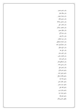 ‫حسين‬ ‫باسين‬ ‫ياسر‬
‫مطر‬ ‫جفال‬ ‫ياسر‬
‫سبهان‬ ‫جمعه‬ ‫ياسر‬
‫خلف‬ ‫حسين‬ ‫ياسر‬
‫عبدالله‬ ‫حمادي‬ ‫ياسر‬
‫علي‬ ‫خضر‬ ‫ياسر‬
‫حركان‬ ‫خضير‬ ‫ياسر‬
‫حسين‬ ‫خليل‬ ‫ياسر‬
‫ثالج‬ ‫سعد‬ ‫ياسر‬
‫جبر‬ ‫سالم‬ ‫ياسر‬
‫حنيفش‬ ‫سويد‬ ‫ياسر‬
‫مصطفى‬ ‫شحاذه‬ ‫ياسر‬
‫احمد‬ ‫عبدالرحمن‬ ‫ياسر‬
‫صالح‬ ‫علي‬ ‫ياسر‬
‫عبد‬ ‫علي‬ ‫ياسر‬
‫دحام‬ ‫غايب‬ ‫ياسر‬
‫فاضل‬ ‫ياسر‬‫عباس‬
‫احمد‬ ‫كريم‬ ‫ياسر‬
‫قادر‬ ‫مصطفى‬ ‫ياسر‬
‫محمد‬ ‫وسمي‬ ‫ياسر‬
‫علي‬ ‫ياسين‬ ‫ياسر‬
‫فتاح‬ ‫حسن‬ ‫ياسين‬
‫احمد‬ ‫حسين‬ ‫ياسين‬
‫صالح‬ ‫طالب‬ ‫ياسين‬
‫احمد‬ ‫طه‬ ‫ياسين‬
‫امين‬ ‫عثمان‬ ‫ياسين‬
‫حسن‬ ‫عرب‬ ‫ياسين‬
‫علي‬ ‫لفته‬ ‫ياسين‬
‫مرير‬ ‫ماهر‬ ‫ياسين‬
‫عزه‬ ‫محمد‬ ‫ياسين‬
‫تيك‬ ‫نعيم‬ ‫ياسين‬
‫جالل‬ ‫غازي‬ ‫يالجين‬
 