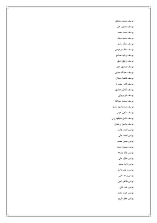 ‫حس‬ ‫يوسف‬‫حمدي‬ ‫ين‬
‫علي‬ ‫حسين‬ ‫يوسف‬
‫محمد‬ ‫حمد‬ ‫يوسف‬
‫محل‬ ‫حميد‬ ‫يوسف‬
‫رشيد‬ ‫خالد‬ ‫يوسف‬
‫رميض‬ ‫خلف‬ ‫يوسف‬
‫صالح‬ ‫رشيد‬ ‫يوسف‬
‫نامق‬ ‫رفيق‬ ‫يوسف‬
‫عمر‬ ‫صديق‬ ‫يوسف‬
‫حسن‬ ‫عبدالله‬ ‫يوسف‬
‫ميدان‬ ‫فاضل‬ ‫يوسف‬
‫محمود‬ ‫قادر‬ ‫يوسف‬
‫حمادي‬ ‫كامل‬ ‫يوسف‬
‫ولي‬ ‫كريم‬ ‫يوسف‬
‫عبدالله‬ ‫محمد‬ ‫يوسف‬
‫رشيد‬ ‫محمدامين‬ ‫يوسف‬
‫حيدر‬ ‫ناجي‬ ‫يوسف‬
‫خليفهنوري‬ ‫نامق‬ ‫يوسف‬
‫رحمان‬ ‫ياسين‬ ‫يوسف‬
‫جاسم‬ ‫احمد‬ ‫يونس‬
‫علي‬ ‫احمد‬ ‫يونس‬
‫محمد‬ ‫حسن‬ ‫يونس‬
‫احمد‬ ‫حسين‬ ‫يونس‬
‫جمعه‬ ‫خالد‬ ‫يونس‬
‫علي‬ ‫خليل‬ ‫يونس‬
‫مجيد‬ ‫داود‬ ‫يونس‬
‫داود‬ ‫رجب‬ ‫يونس‬
‫علي‬ ‫رعد‬ ‫يونس‬
‫امين‬ ‫طاهر‬ ‫يونس‬
‫علي‬ ‫عبد‬ ‫يونس‬
‫محمد‬ ‫عبود‬ ‫يونس‬
‫كريم‬ ‫عفتو‬ ‫يونس‬
 