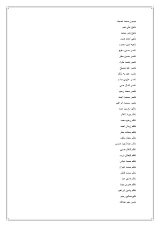 ‫نصيف‬ ‫محمد‬ ‫ميسون‬
‫نجم‬ ‫علي‬ ‫ناجح‬
‫محمد‬ ‫ياس‬ ‫ناجح‬
‫حسن‬ ‫احمد‬ ‫ناجي‬
‫محمود‬ ‫امين‬ ‫ناجيه‬
‫سفيح‬ ‫حسين‬ ‫ناصر‬
‫مطر‬ ‫حسين‬ ‫ناصر‬
‫حلول‬ ‫ضمد‬ ‫ناصر‬
‫مصلح‬ ‫عبد‬ ‫ناصر‬
‫شاكر‬ ‫عبدربه‬ ‫ناصر‬
‫جاسم‬ ‫عليوي‬ ‫ناصر‬
‫حسن‬ ‫كمال‬ ‫ناصر‬
‫رحيم‬ ‫محمد‬ ‫ناصر‬
‫احمد‬ ‫محمود‬ ‫ناصر‬
‫ابراهيم‬ ‫مسعود‬ ‫ناصر‬
‫عبود‬ ‫تحسين‬ ‫ناطق‬
‫كاظم‬ ‫جواد‬ ‫ناظم‬
‫محمد‬ ‫رحيم‬ ‫ناظم‬
‫احمد‬ ‫زيدان‬ ‫ناظم‬
‫مطر‬ ‫سحاب‬ ‫ناظم‬
‫خلف‬ ‫سفيان‬ ‫ناظم‬
‫خميس‬ ‫عبدالمجيد‬ ‫ناظم‬
‫حسين‬ ‫كاظم‬ ‫ناظم‬
‫درب‬ ‫كيطان‬ ‫ناظم‬
‫عباس‬ ‫محمد‬ ‫ناظم‬
‫عدوان‬ ‫محمد‬ ‫ناظم‬
‫ناظم‬‫كاظم‬ ‫محمد‬
‫عبد‬ ‫هادي‬ ‫ناظم‬
‫جياد‬ ‫هدرس‬ ‫ناظم‬
‫ابراهيم‬ ‫ياسين‬ ‫ناظم‬
‫رحيم‬ ‫صالح‬ ‫نافع‬
‫عبدالله‬ ‫نجم‬ ‫نامس‬
 