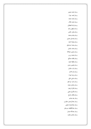 ‫حسين‬ ‫احمد‬ ‫وسام‬
‫عواد‬ ‫احمد‬ ‫وسام‬
‫محمد‬ ‫احمد‬ ‫وسام‬
‫هالل‬ ‫احمد‬ ‫وسام‬
‫قحطان‬ ‫ايـاد‬ ‫وسـام‬
‫رشيد‬ ‫توفيق‬ ‫وسام‬
‫هادي‬ ‫جابر‬ ‫وسام‬
‫محمد‬ ‫جاسم‬ ‫وسام‬
‫حسين‬ ‫جدعان‬ ‫وسام‬
‫احمد‬ ‫جمعه‬ ‫وسام‬
‫اسماعيل‬ ‫حامد‬ ‫وسام‬
‫سلم‬ ‫حامد‬ ‫وسام‬‫ان‬
‫عبدالله‬ ‫حسين‬ ‫وسام‬
‫ورور‬ ‫حميد‬ ‫وسام‬
‫صالح‬ ‫خلف‬ ‫وسام‬
‫حميد‬ ‫خليفه‬ ‫وسام‬
‫حسن‬ ‫خميس‬ ‫وسام‬
‫سلمان‬ ‫داود‬ ‫وسام‬
‫قاسم‬ ‫داود‬ ‫وسام‬
‫جواد‬ ‫رضا‬ ‫وسام‬
‫علي‬ ‫سامي‬ ‫وسام‬
‫ابراهيم‬ ‫ستار‬ ‫وسام‬
‫محمد‬ ‫سلمان‬ ‫وسام‬
‫فرهود‬ ‫شكر‬ ‫وسام‬
‫حجي‬ ‫طارق‬ ‫وسام‬
‫شياع‬ ‫طالب‬ ‫وسام‬
‫جاسم‬ ‫عبد‬ ‫وسام‬
‫دحلوس‬ ‫عبدالرحمن‬ ‫وسام‬
‫نجدي‬ ‫عبدالرضا‬ ‫وسام‬
‫سرحان‬ ‫عبداللطيف‬ ‫وسام‬
‫صبار‬ ‫عبدالله‬ ‫وسام‬
‫متعب‬ ‫عدنان‬ ‫وسام‬
 