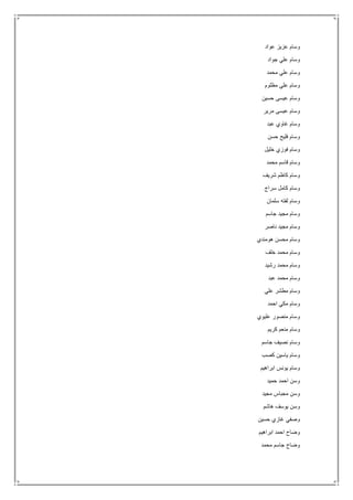 ‫عواد‬ ‫عزيز‬ ‫وسام‬
‫جواد‬ ‫علي‬ ‫وسام‬
‫محمد‬ ‫علي‬ ‫وسام‬
‫مظلوم‬ ‫علي‬ ‫وسام‬
‫حسين‬ ‫عيسى‬ ‫وسام‬
‫مرير‬ ‫عيسى‬ ‫وسام‬
‫عبد‬ ‫غاوي‬ ‫وسام‬
‫حسن‬ ‫فليح‬ ‫وسام‬
‫خليل‬ ‫فوزي‬ ‫وسام‬
‫محمد‬ ‫قاسم‬ ‫وسام‬
‫شريف‬ ‫كاظم‬ ‫وسام‬
‫سراج‬ ‫كامل‬ ‫وسام‬
‫ل‬ ‫وسام‬‫سلمان‬ ‫فته‬
‫جاسم‬ ‫مجيد‬ ‫وسام‬
‫ناصر‬ ‫مجيد‬ ‫وسام‬
‫هومندي‬ ‫محسن‬ ‫وسام‬
‫خلف‬ ‫محمد‬ ‫وسام‬
‫رشيد‬ ‫محمد‬ ‫وسام‬
‫عبد‬ ‫محمد‬ ‫وسام‬
‫علي‬ ‫مطشر‬ ‫وسام‬
‫احمد‬ ‫مكي‬ ‫وسام‬
‫عليوي‬ ‫منصور‬ ‫وسام‬
‫كريم‬ ‫منعم‬ ‫وسام‬
‫جاسم‬ ‫نصيف‬ ‫وسام‬
‫كصب‬ ‫ياسين‬ ‫وسام‬
‫ابراهيم‬ ‫يونس‬ ‫وسام‬
‫حميد‬ ‫احمد‬ ‫وسن‬
‫مجيد‬ ‫مجباس‬ ‫وسن‬
‫هاشم‬ ‫يوسف‬ ‫وسن‬
‫حسين‬ ‫غازي‬ ‫وصفي‬
‫ابراهيم‬ ‫احمد‬ ‫وضاح‬
‫محمد‬ ‫جاسم‬ ‫وضاح‬
 