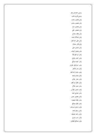 ‫سفر‬ ‫عصمان‬ ‫ويسي‬
‫غائب‬ ‫كريم‬ ‫ويسي‬
‫جاسم‬ ‫حضير‬ ‫ياس‬
‫جاسم‬ ‫خضير‬ ‫ياس‬
‫داود‬ ‫خضير‬ ‫ياس‬
‫علي‬ ‫خضير‬ ‫ياس‬
‫سندان‬ ‫خلف‬ ‫ياس‬
‫محمد‬ ‫عبدالله‬ ‫ياس‬
‫اسماعيل‬ ‫علي‬ ‫ياس‬
‫حماده‬ ‫قادر‬ ‫ياس‬
‫علي‬ ‫محسن‬ ‫ياس‬
‫شهاب‬ ‫محمود‬ ‫ياس‬
‫طه‬ ‫ابراهيم‬ ‫ياسر‬
‫سلمان‬ ‫احمد‬ ‫ياسر‬
‫صالح‬ ‫احمد‬ ‫ياسر‬
‫علوان‬ ‫اسماعيل‬ ‫ياسر‬
‫طاهر‬ ‫بندر‬ ‫ياسر‬
‫اسماعيل‬ ‫جاسم‬ ‫ياسر‬
‫محمد‬ ‫جاسم‬ ‫ياسر‬
‫عباس‬ ‫جبار‬ ‫ياسر‬
‫ابراهيم‬ ‫جليل‬ ‫ياسر‬
‫هالل‬ ‫حسن‬ ‫ياسر‬
‫علوان‬ ‫حسين‬ ‫ياسر‬
‫احمد‬ ‫حمدي‬ ‫ياسر‬
‫حسن‬ ‫خضير‬ ‫ياسر‬
‫محمود‬ ‫خلف‬ ‫ياسر‬
‫صالح‬ ‫خليل‬ ‫ياسر‬
‫سرحان‬ ‫رحمن‬ ‫ياسر‬
‫احمد‬ ‫رحيم‬ ‫ياسر‬
‫نصيف‬ ‫رشيد‬ ‫ياسر‬
‫عزيز‬ ‫سدره‬ ‫ياسر‬
‫ص‬ ‫ياسر‬‫كيطان‬ ‫ادق‬
 