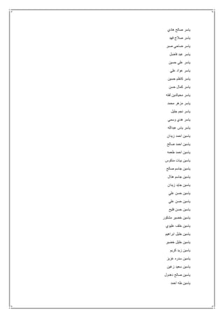 ‫هادي‬ ‫صالح‬ ‫ياسر‬
‫فهد‬ ‫صالح‬ ‫ياسر‬
‫صبر‬ ‫ضاحي‬ ‫ياسر‬
‫فاضل‬ ‫عبد‬ ‫ياسر‬
‫حسين‬ ‫علي‬ ‫ياسر‬
‫علي‬ ‫عواد‬ ‫ياسر‬
‫حسين‬ ‫كاظم‬ ‫ياسر‬
‫حسن‬ ‫كمال‬ ‫ياسر‬
‫لفته‬ ‫محيالدين‬ ‫ياسر‬
‫محمد‬ ‫مزهر‬ ‫ياسر‬
‫جليل‬ ‫نجم‬ ‫ياسر‬
‫وسمي‬ ‫هدي‬ ‫ياسر‬
‫عبدالله‬ ‫ياس‬ ‫ياسر‬
‫زيدان‬ ‫احمد‬ ‫ياسين‬
‫صالح‬ ‫احمد‬ ‫ياسين‬
‫طعمه‬ ‫احمد‬ ‫ياسين‬
‫منكوس‬ ‫بيات‬ ‫ياسين‬
‫صالح‬ ‫جاسم‬ ‫ياسين‬
‫هذال‬ ‫جاسم‬ ‫ياسين‬
‫زيدان‬ ‫جايد‬ ‫ياسين‬
‫علي‬ ‫حسن‬ ‫ياسين‬
‫علي‬ ‫حسن‬ ‫ياسين‬
‫فليح‬ ‫حسن‬ ‫ياسين‬
‫مشكور‬ ‫خضير‬ ‫ياسين‬
‫عليوي‬ ‫خلف‬ ‫ياسين‬
‫ابراهيم‬ ‫خليل‬ ‫ياسين‬
‫خضير‬ ‫خليل‬ ‫ياسين‬
‫كريم‬ ‫زيد‬ ‫ياسين‬
‫عزيز‬ ‫سدره‬ ‫ياسين‬
‫زغين‬ ‫سعيد‬ ‫ياسين‬
‫دهدول‬ ‫صالح‬ ‫ياسين‬
‫احمد‬ ‫طه‬ ‫ياسين‬
 